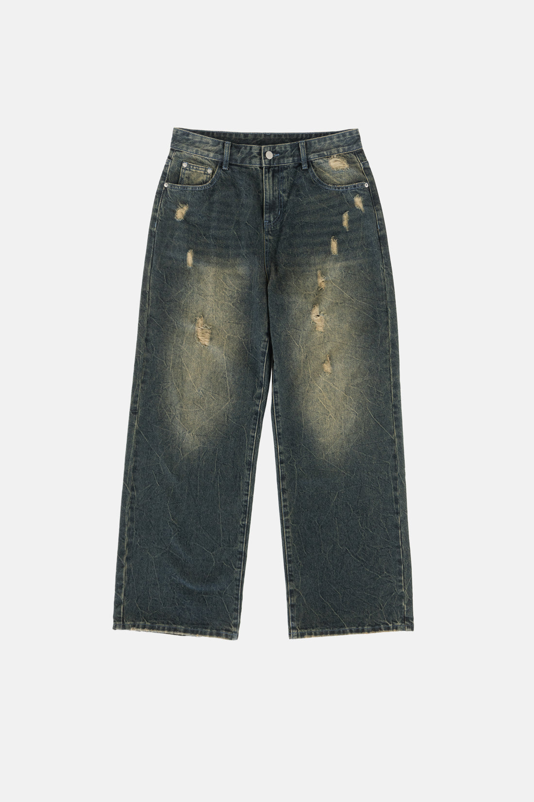Front of the Sand Outlaw Denim laid flat, showing sandy faded wash and distressing