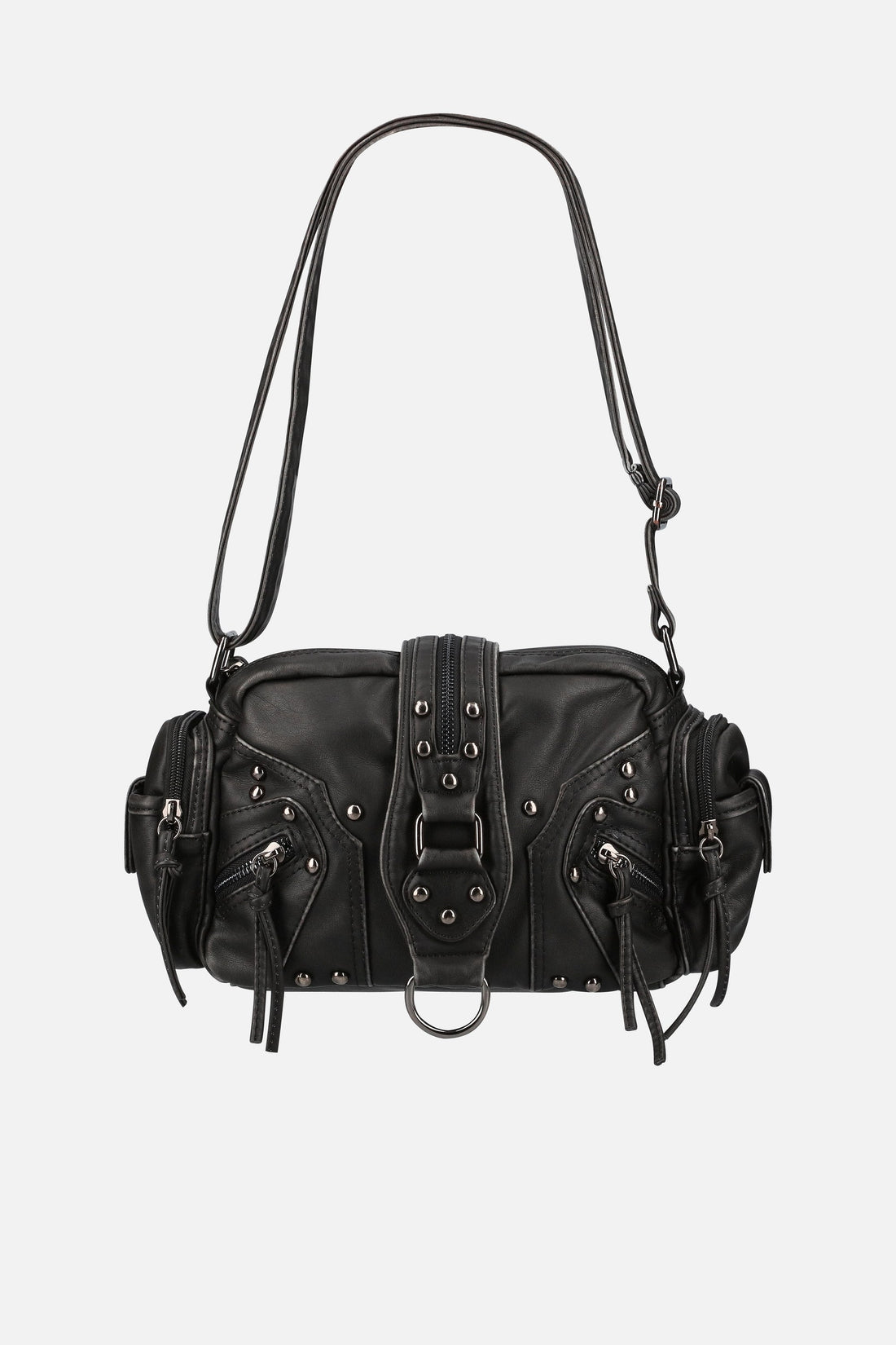 Front of the black PU Leather Side Rodeo Bag with studs, zip side pockets and D-ring buckle