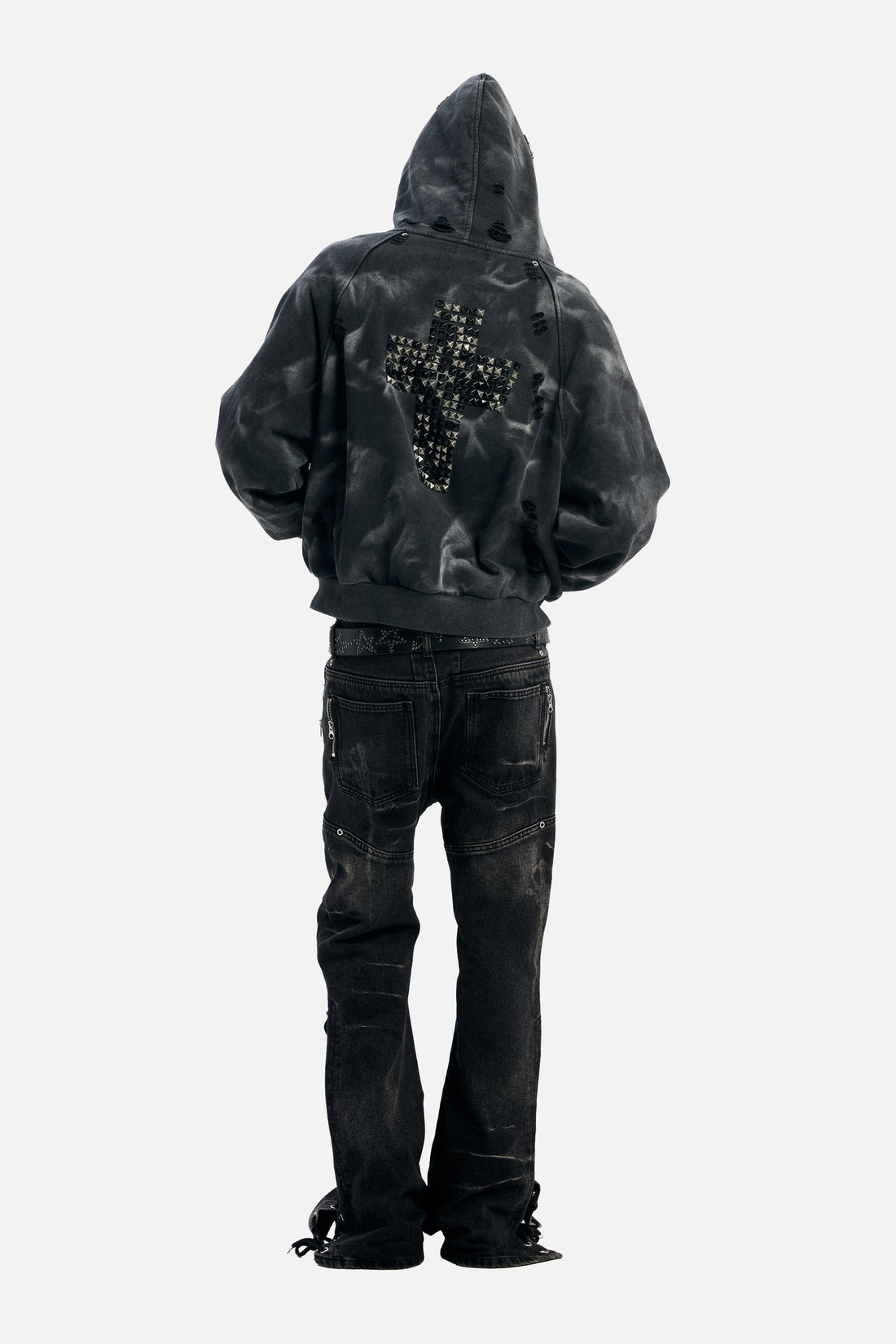 Full-length back view of the Studded Raglan Zip Up Hoodie showing the studded cross