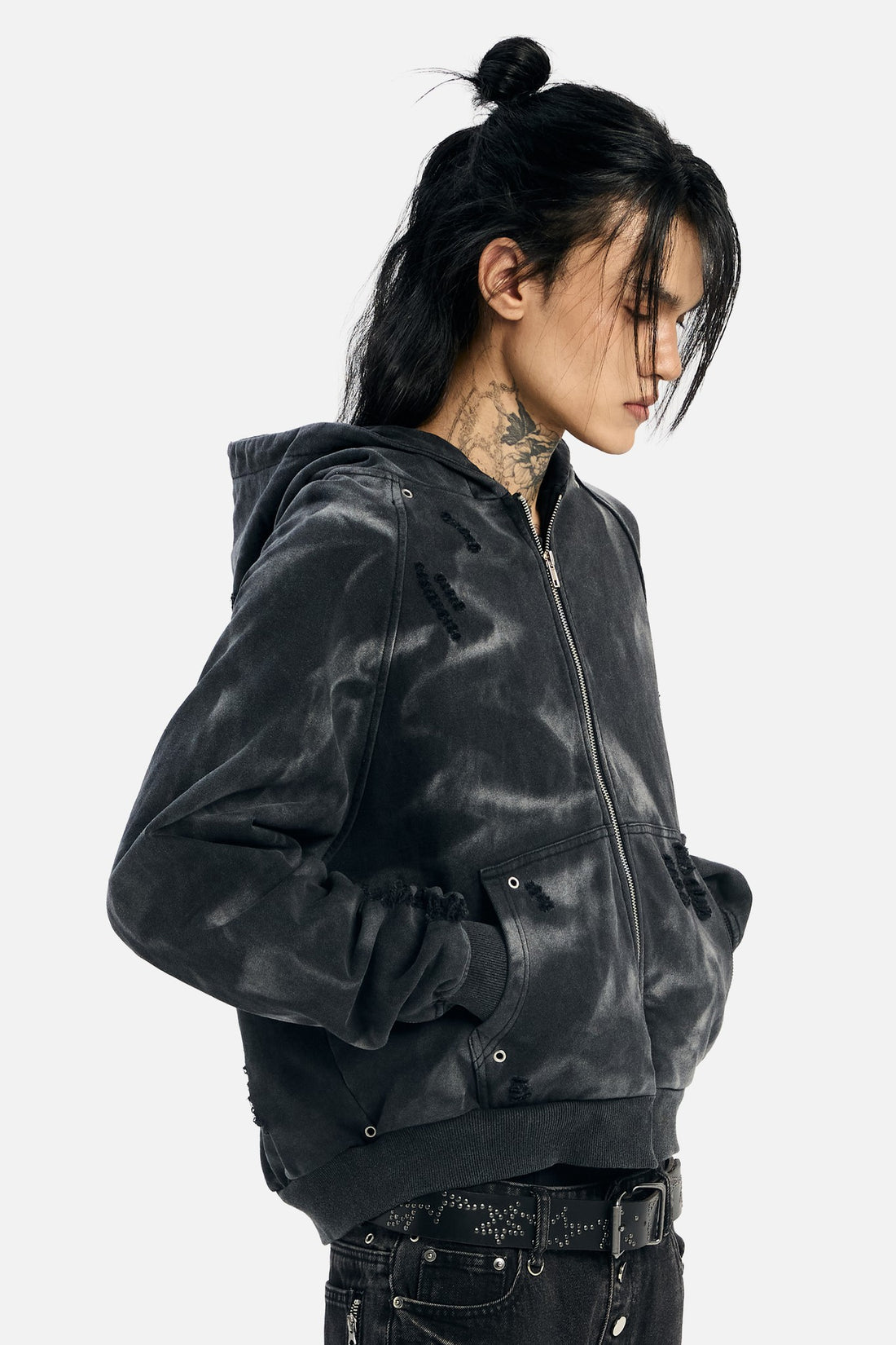 Side view of the Studded Raglan Zip Up Hoodie in smoky washed black fleece