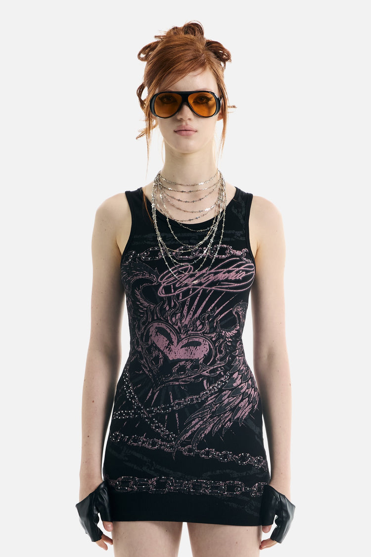 Model wearing the black Rhinestone Chains Dress with pink wing and chain print, front view