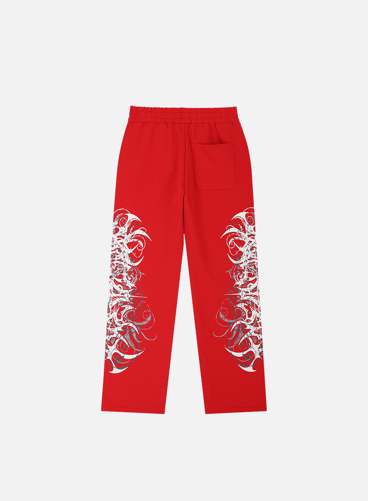 Back of the Red Eclipse Sweatpants laid flat, with back pocket and leg prints