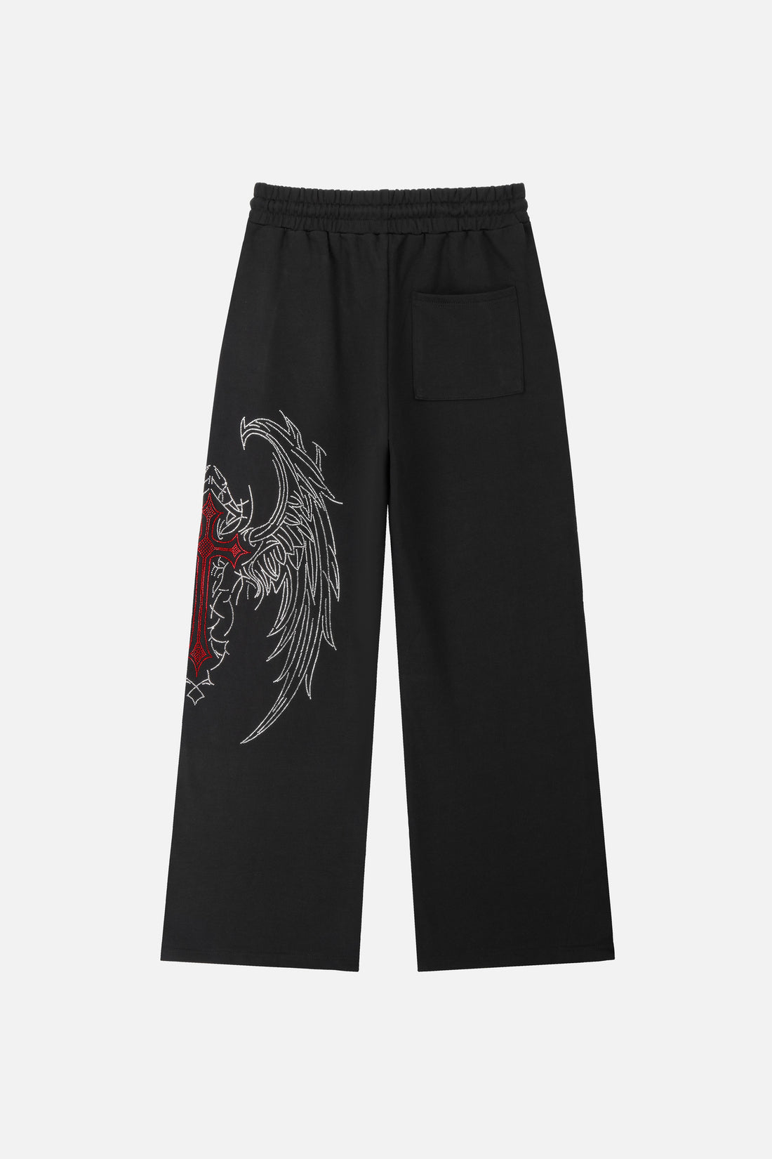Back of the black Red Cross Baggy Sweats laid flat with red cross and silver wings