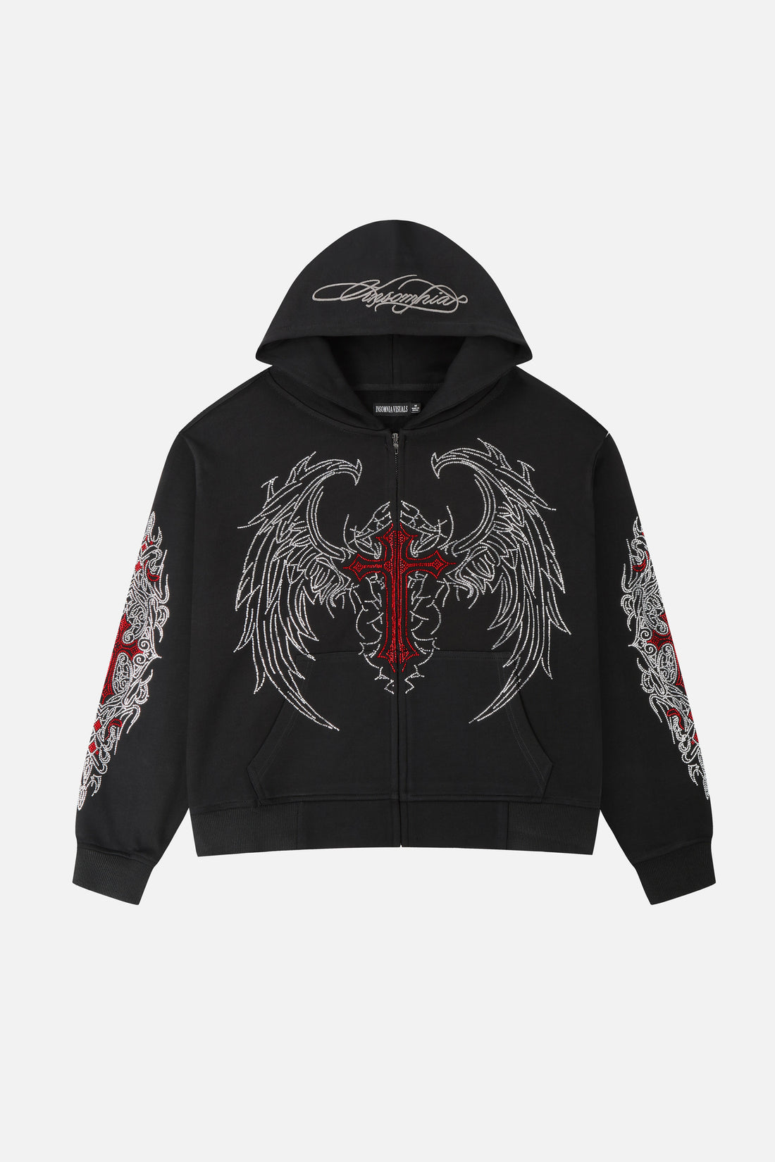 Front of the black Red Cross Zip Up Hoodie laid flat, with winged red cross rhinestones