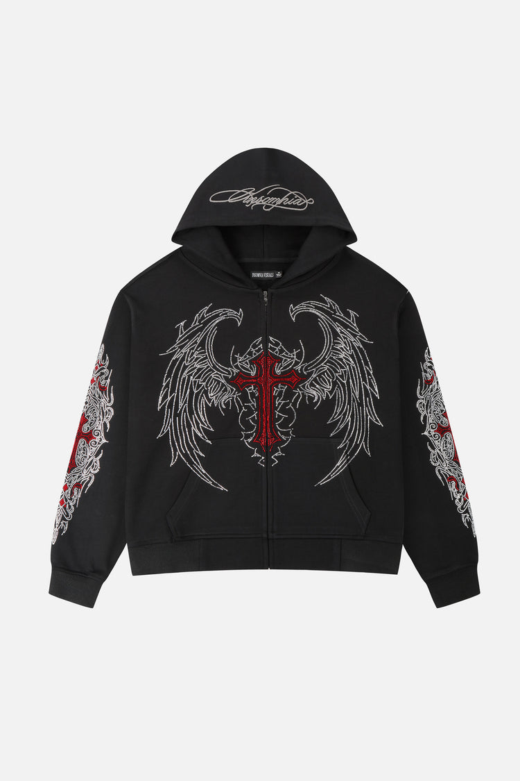 Front of the black Red Cross Zip Up Hoodie laid flat, with winged red cross rhinestones