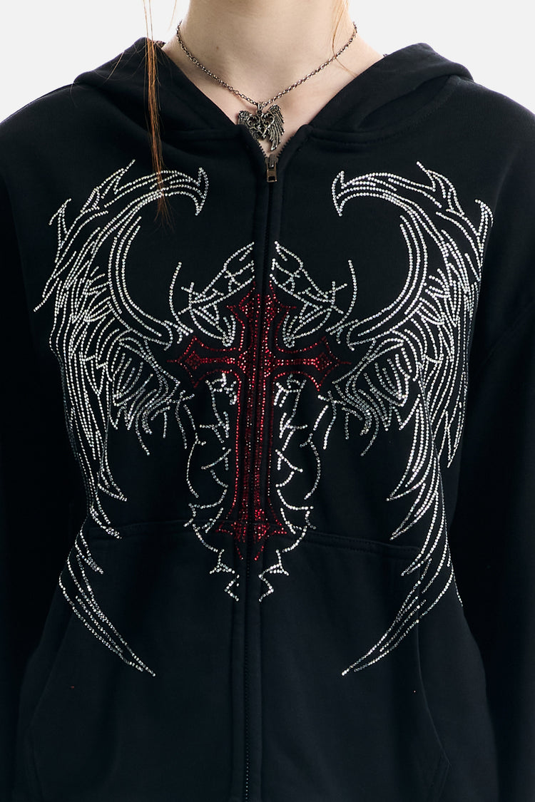 Close-up of the red rhinestone cross and silver wings on the Red Cross Zip Up Hoodie