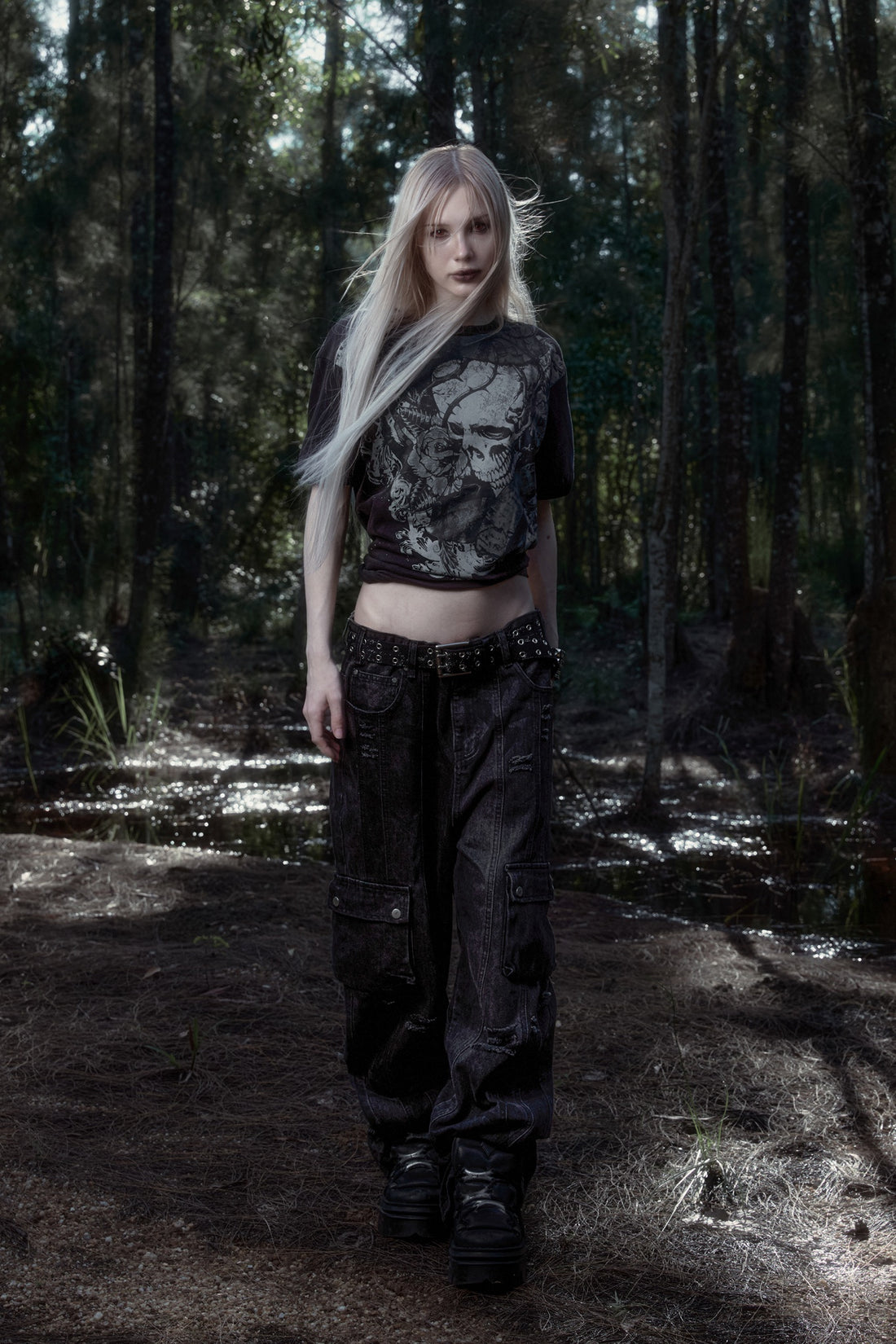 Thorns Ringer Tee with Tribal Destroyer Denim in a forest