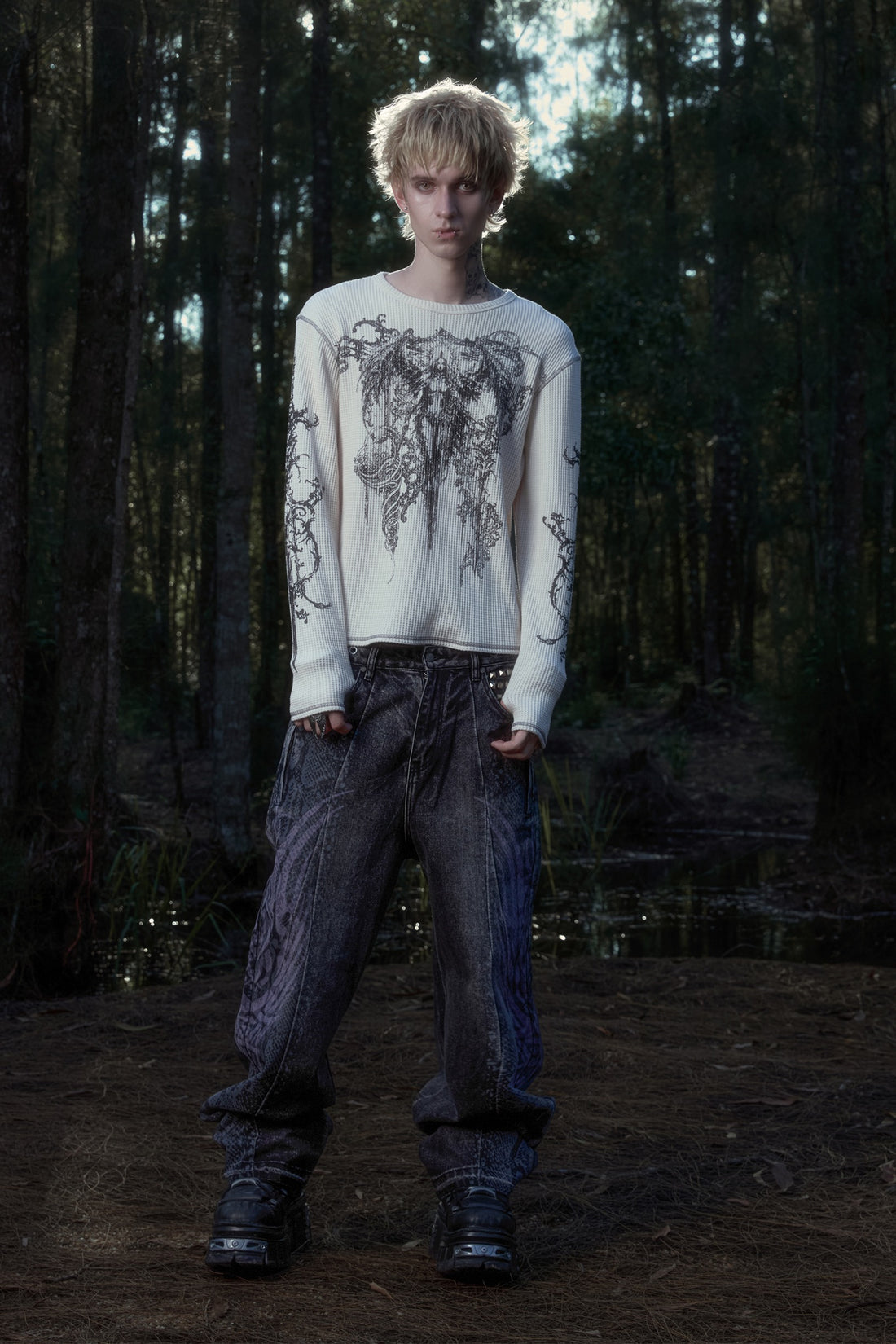 Angel Thermal L/S with Snakeskin Tribal Destroyer Denim in a forest