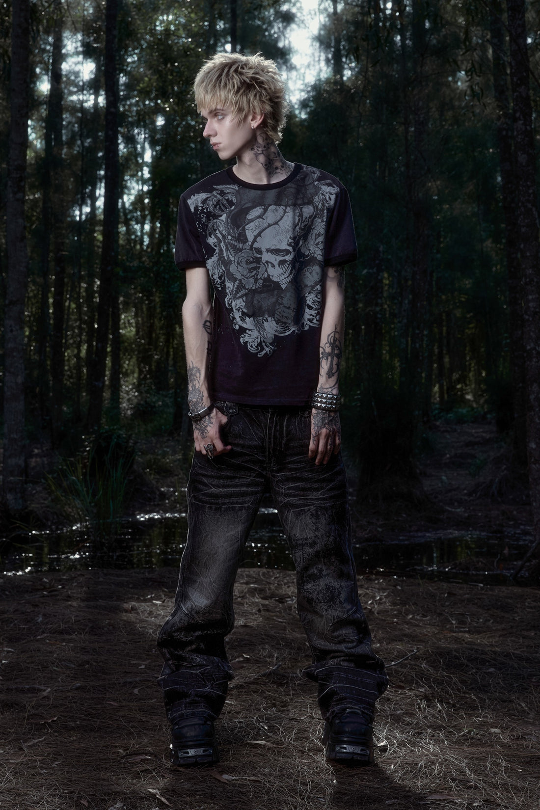Thorns Ringer Tee with Scripture Rogue Denim V2 in a forest