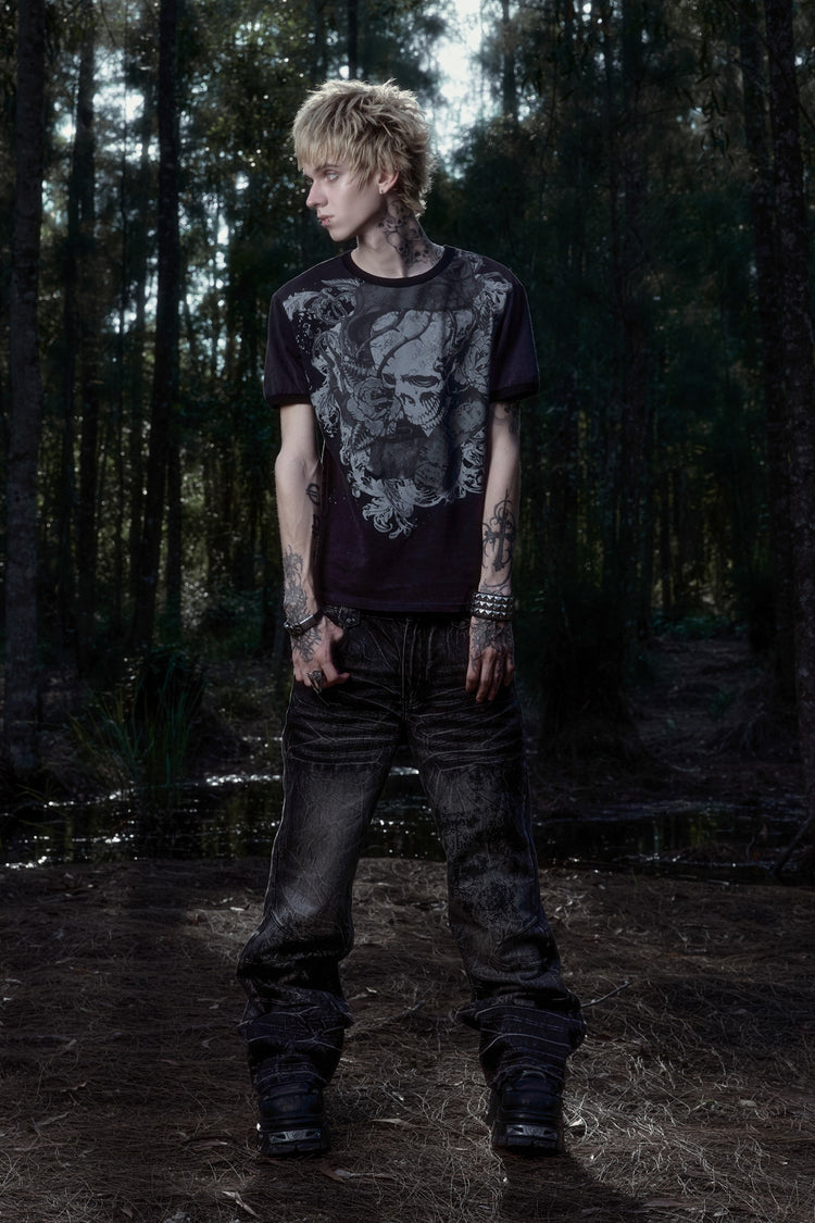 Thorns Ringer Tee with Scripture Rogue Denim V2 in a forest