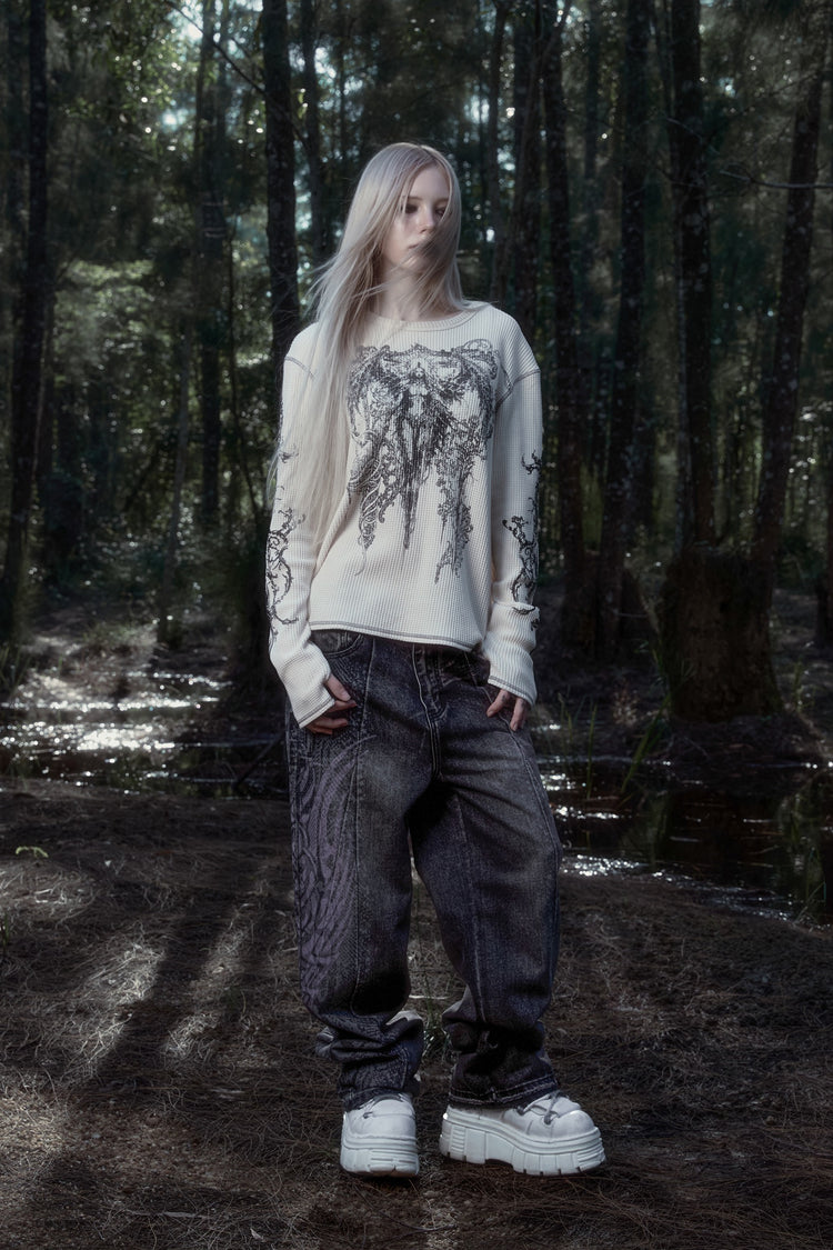 Angel Thermal L/S with Snakeskin Tribal Destroyer Denim in a forest