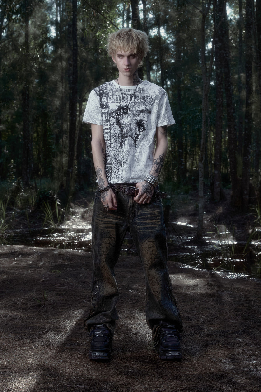 Poem Tee with Shattered Rogue Denim in a forest