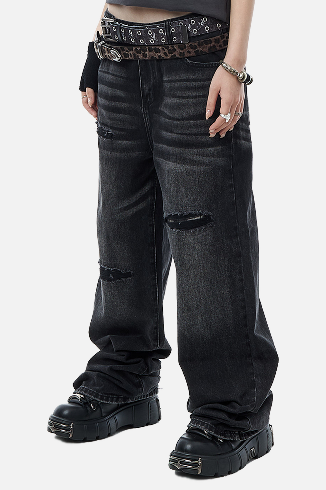 Side view of the Plaid Patch Outlaw Denim stacking over black platform shoes