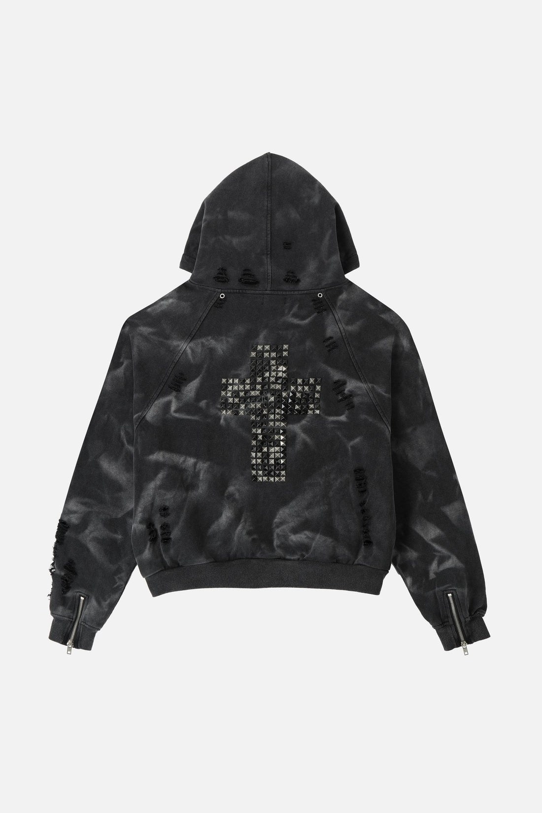 Back of the Studded Raglan Zip Up Hoodie laid flat with silver studded cross