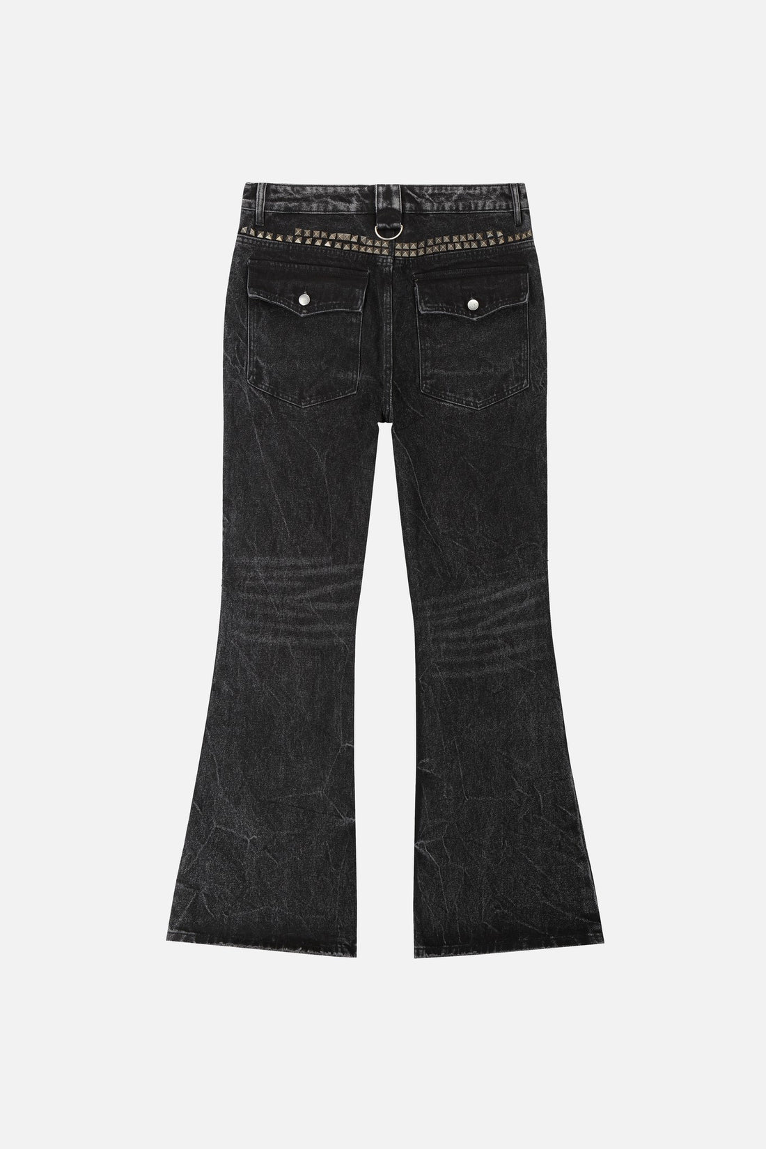 Back of the black Studded Rogue Denim laid flat with flap pockets and studded waist