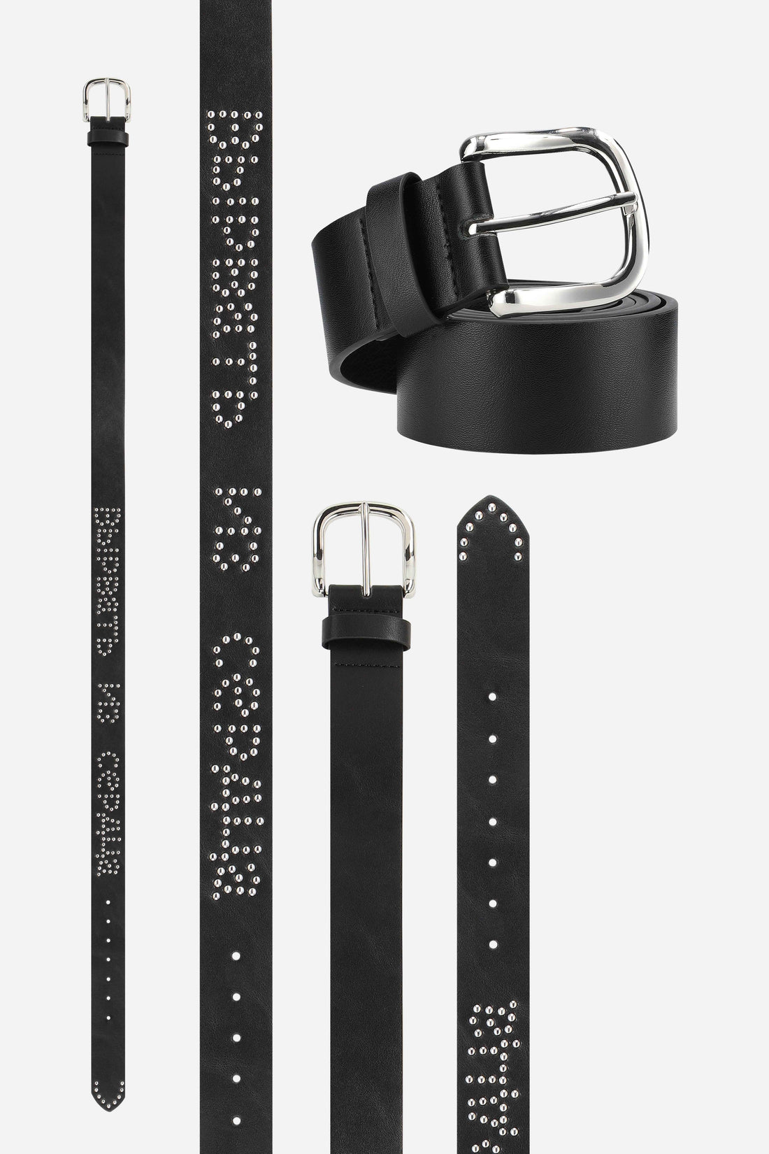 Black Tear Belt shown from several angles, with studded Cyrillic lettering and silver buckle