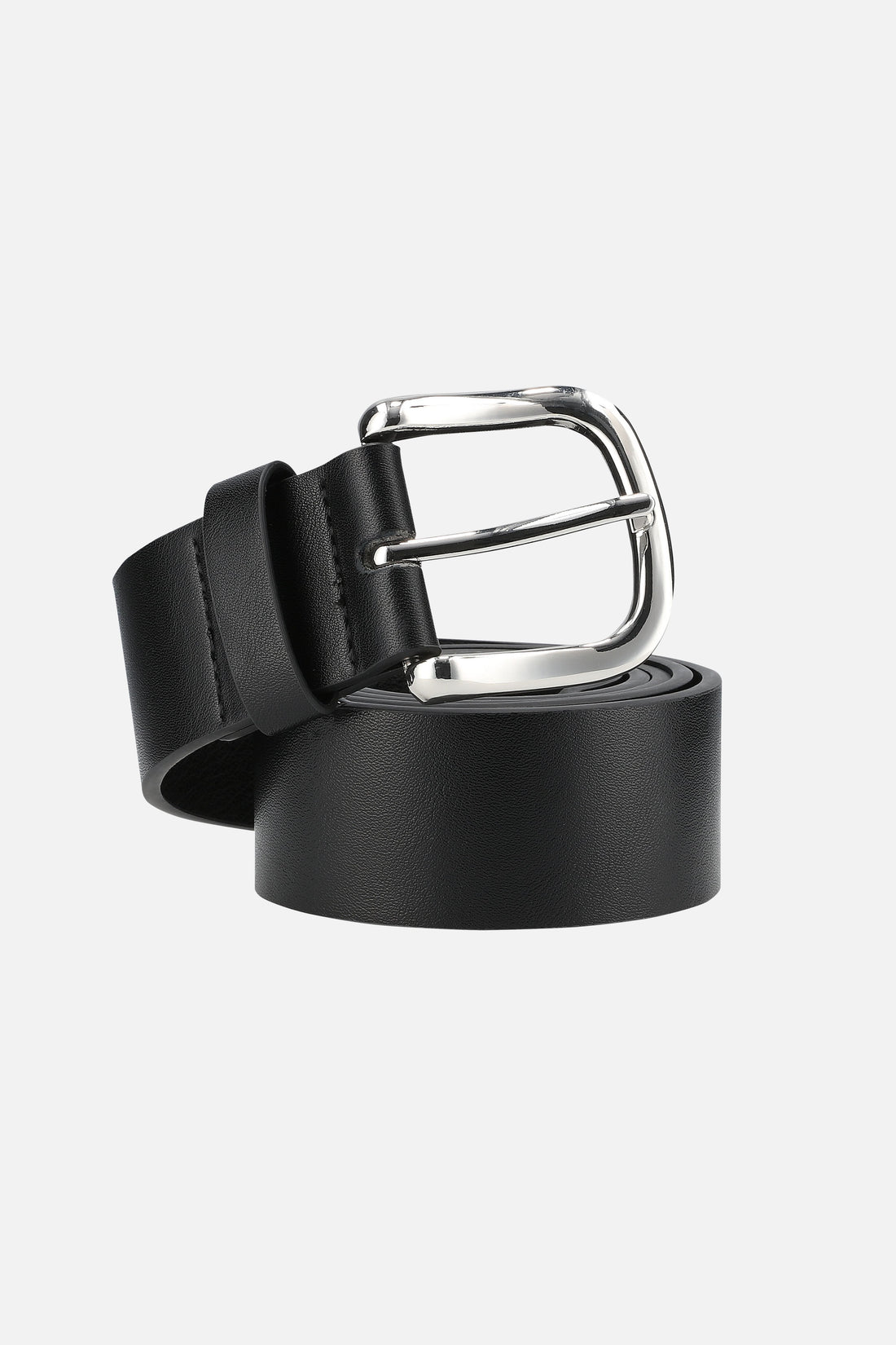 Black leather Tear Belt coiled on white with polished silver buckle