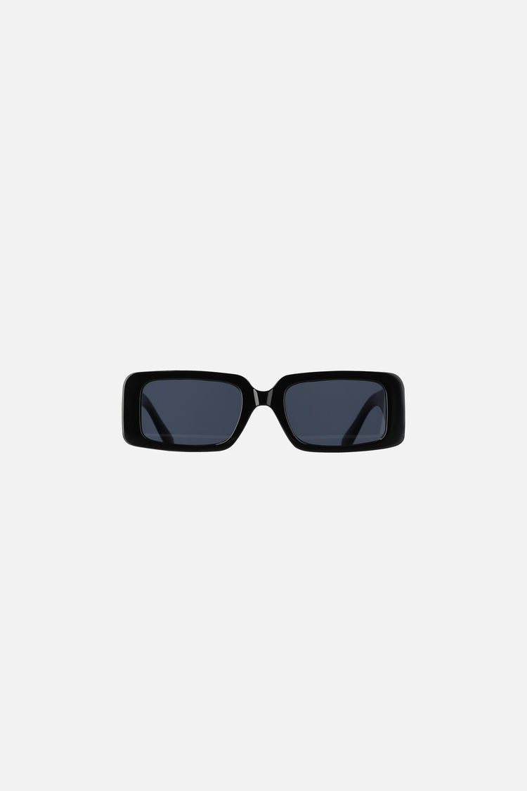 Front view of the black rectangular Thorns Metal Sunglasses with dark lenses