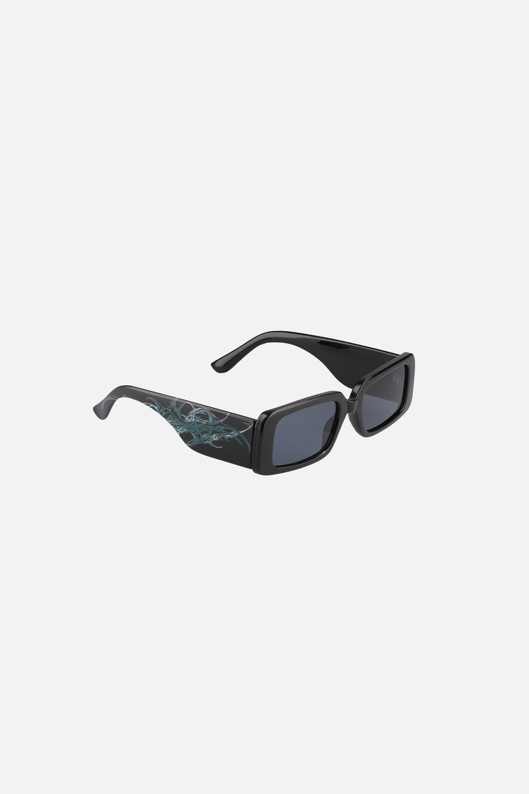Thorns Metal Sunglasses from the side showing the blue thorn design on the arm