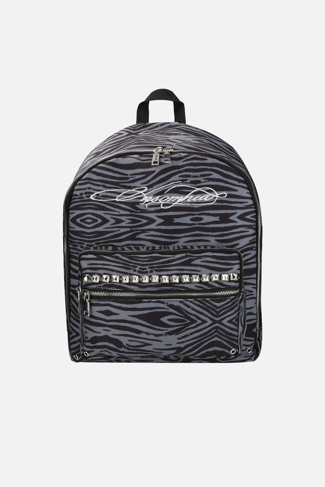 Front of the Tiger Backpack in gray tiger stripe with white script logo and studded pocket