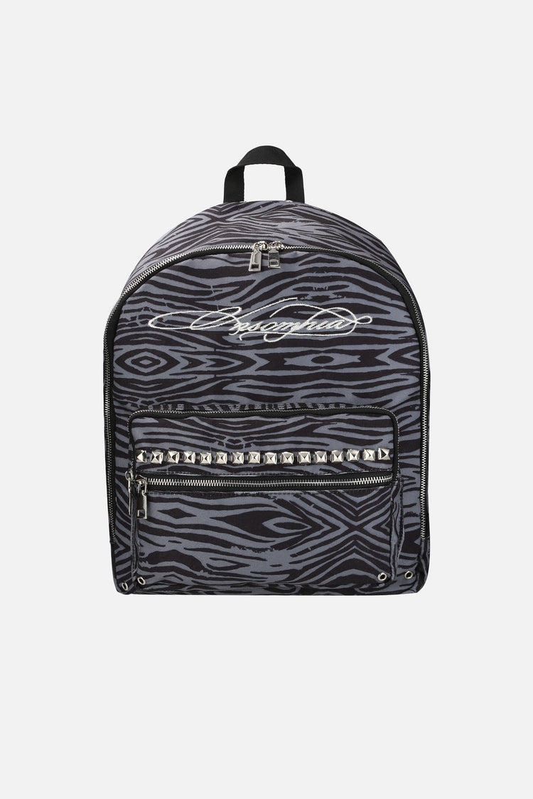 Front of the Tiger Backpack in gray tiger stripe with white script logo and studded pocket