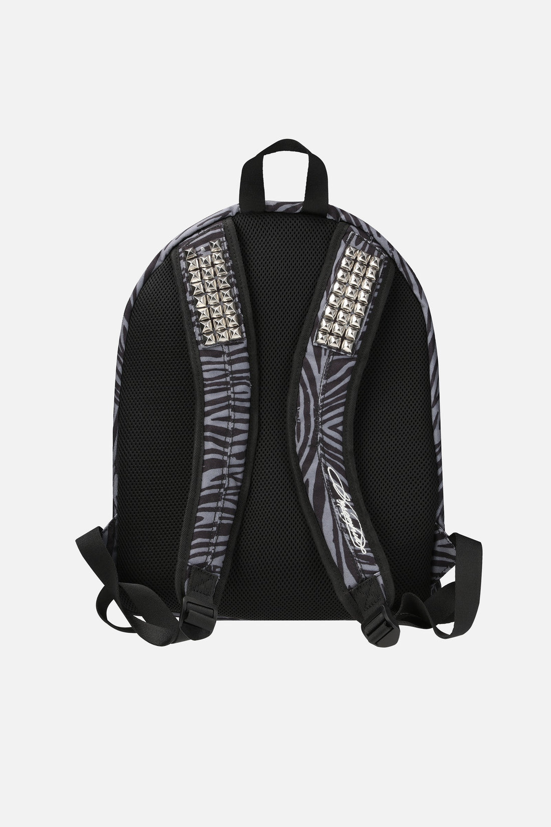 Back of the Tiger Backpack showing black padded panel and studded shoulder straps