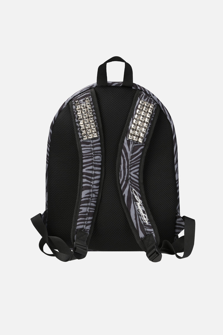 Back of the Tiger Backpack showing black padded panel and studded shoulder straps