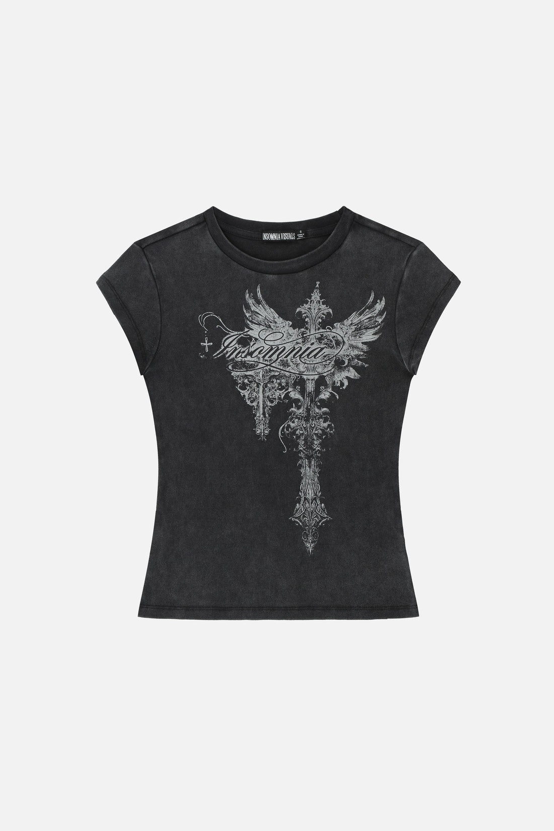 Black Treasure Tee laid flat, washed baby tee with silver winged cross and script print