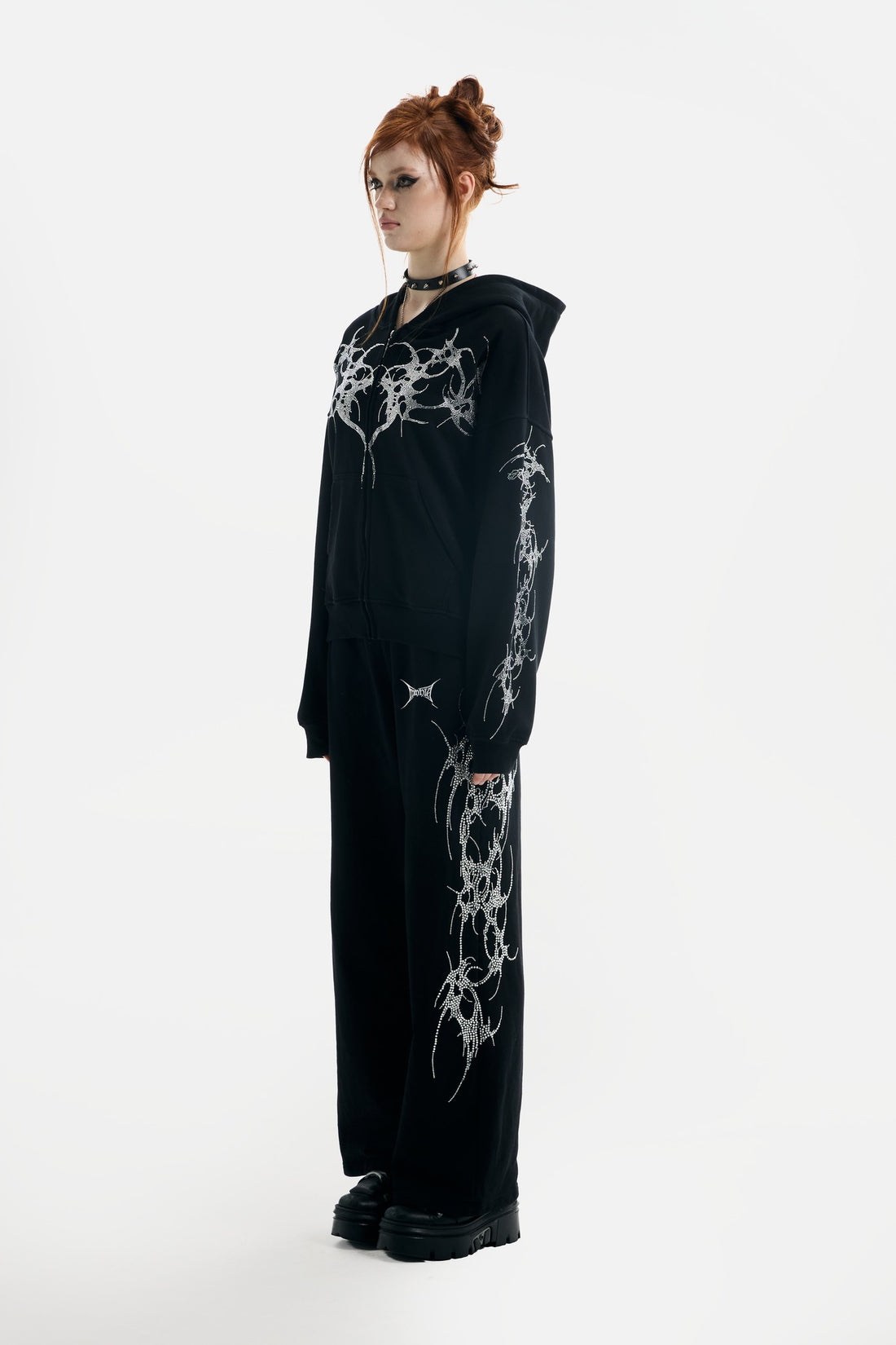 Three-quarter full-length view of the Thorns Rhinestone Hoodie with sleeve rhinestones