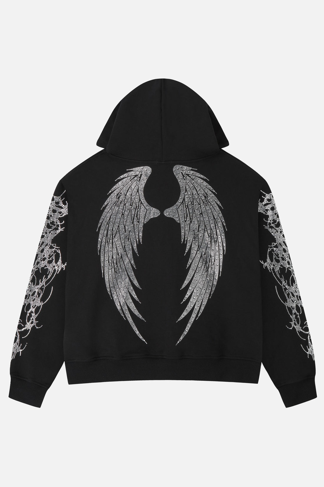 Back of the black Thorns Rhinestone Hoodie laid flat, with large rhinestone angel wings