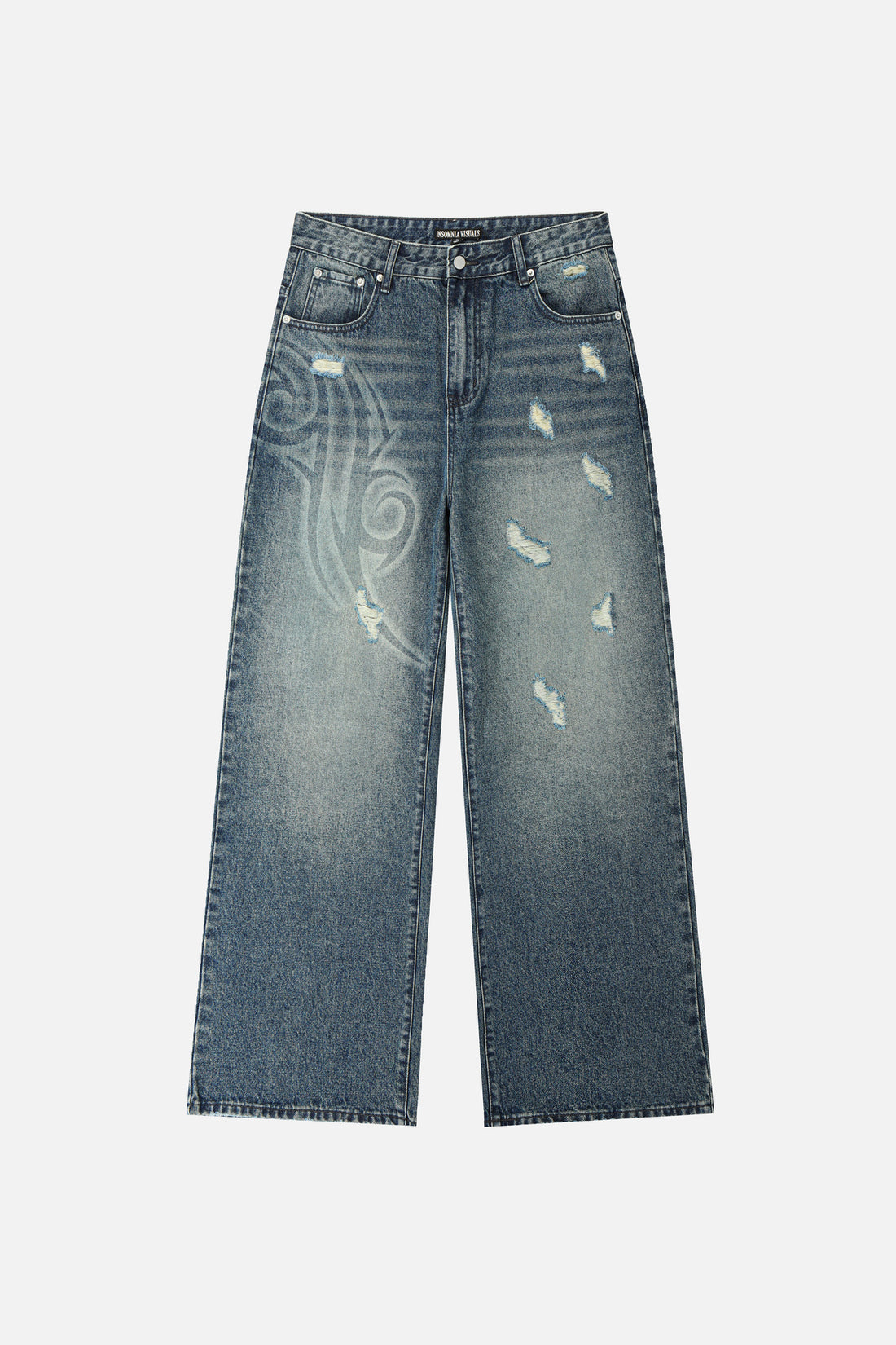 Front of the Tribal Outlaw Denim laid flat, faded blue wide-leg with distressing
