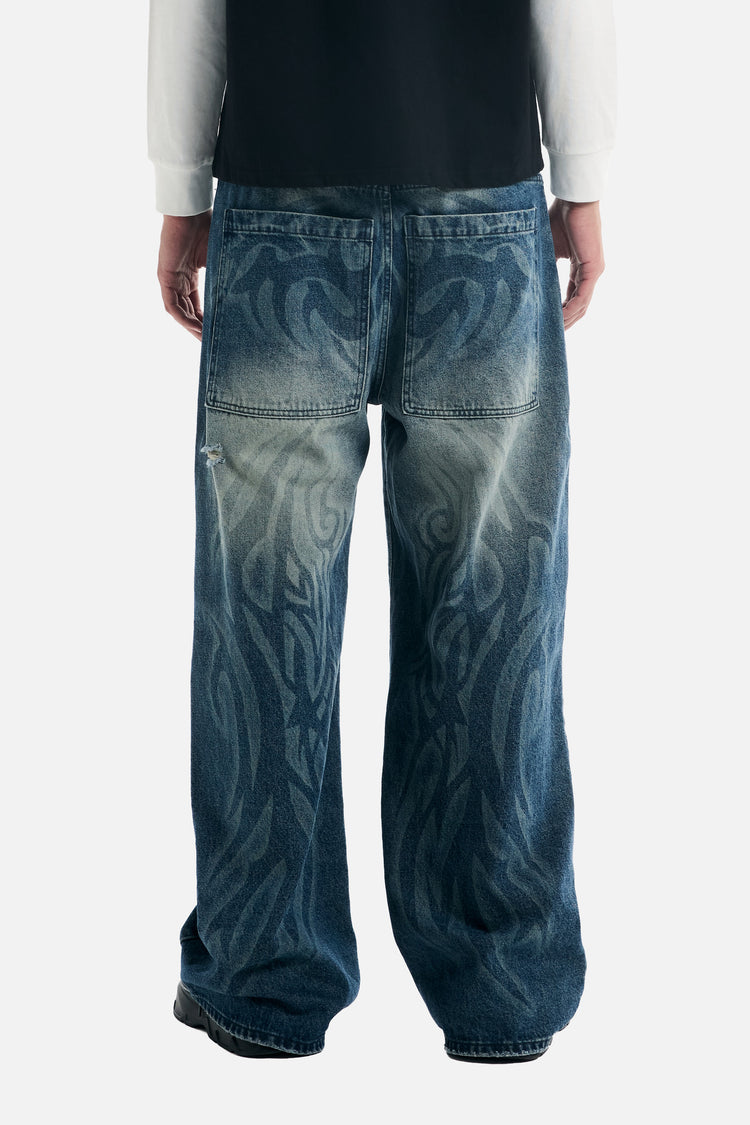 Cropped back view of the Tribal Outlaw Denim showing the tribal back print