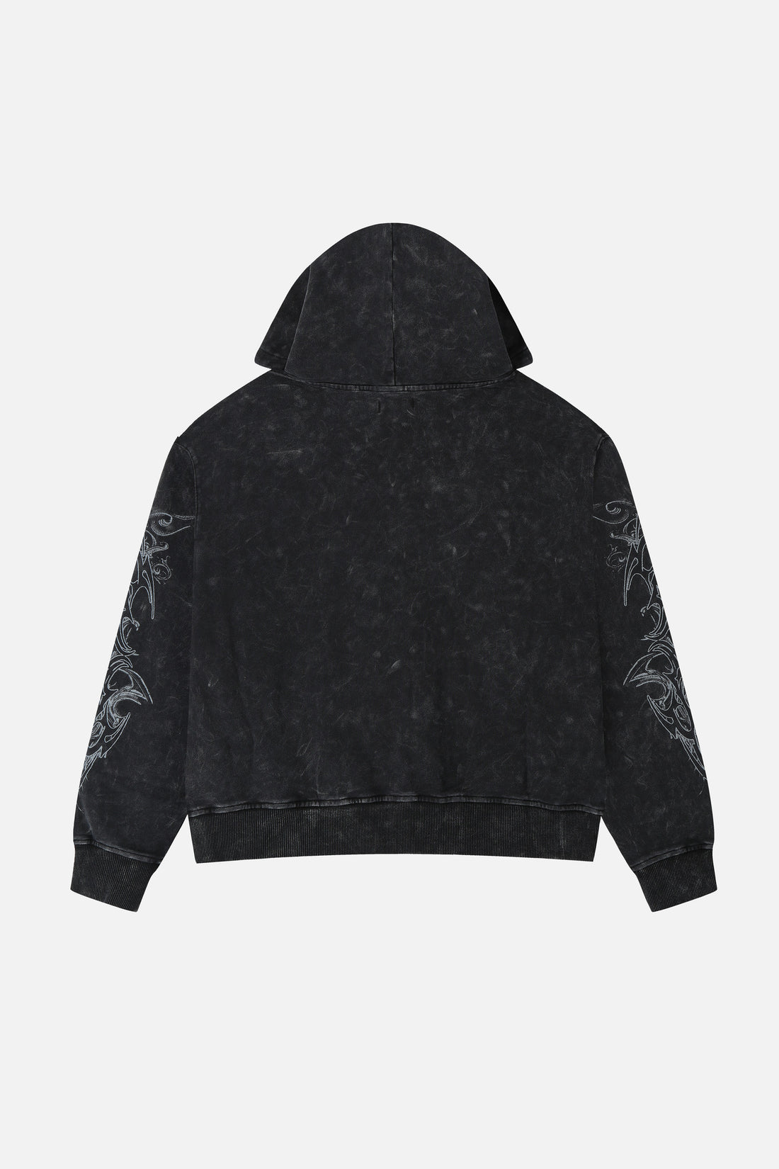 Back of the Tribal Zip Up Hoodie laid flat, with plain back and tribal sleeve prints