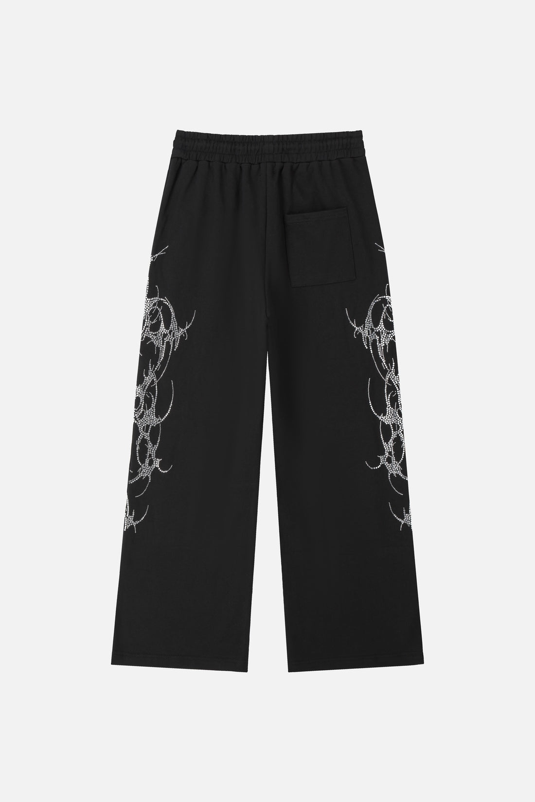 Thorns Rhinestone Sweatpants laid flat, back view, with rhinestone thorns on both legs