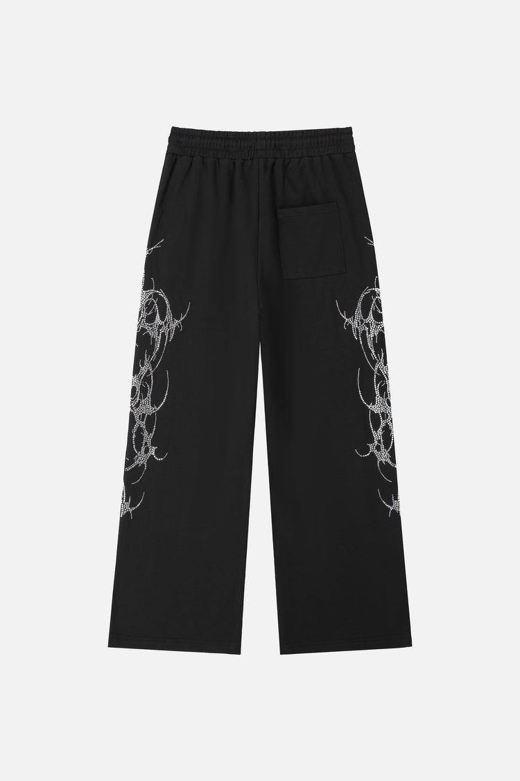 Thorns Rhinestone Sweatpants laid flat, back view, with rhinestone thorns on both legs