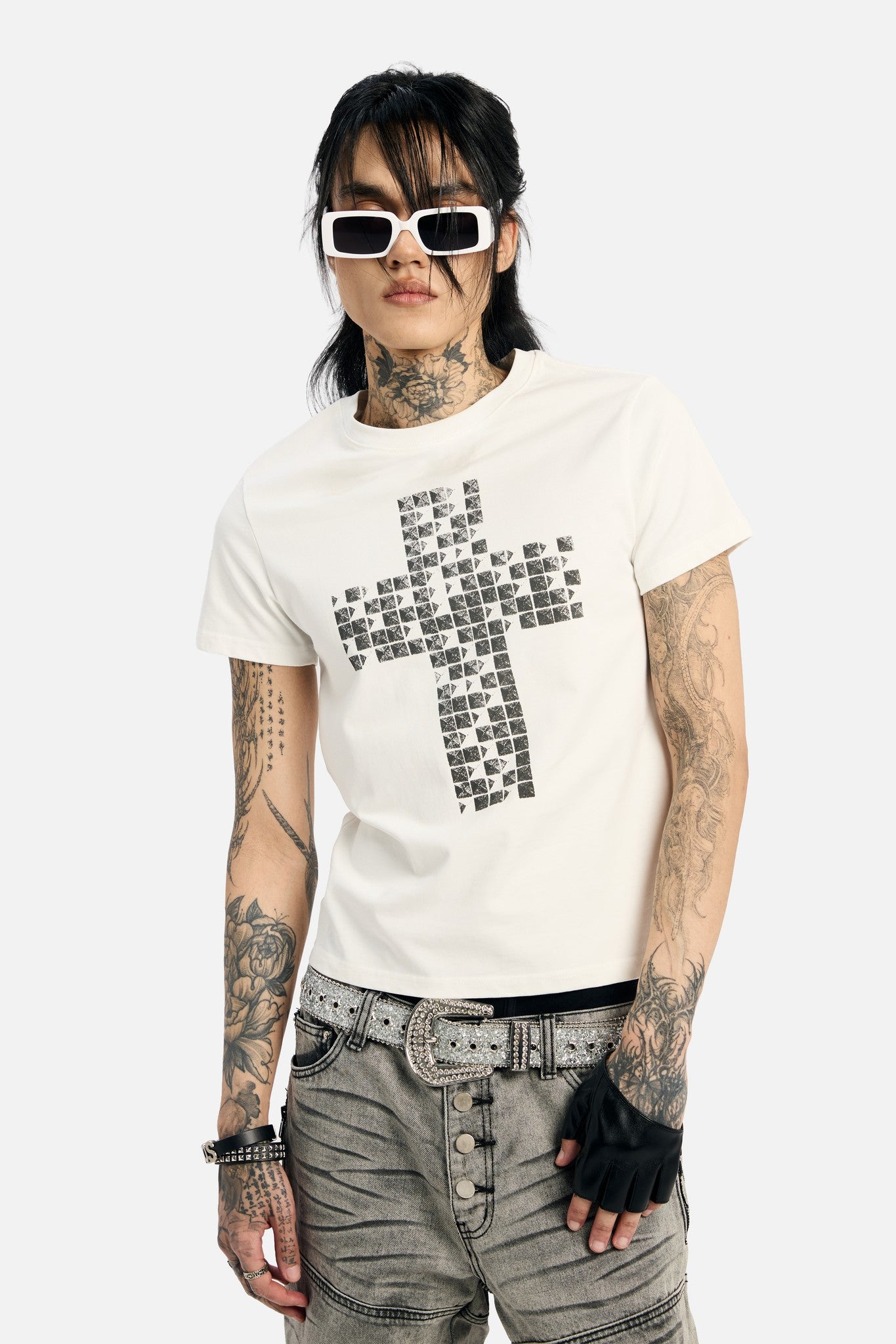 White Pyramid Stud Cropped Tee