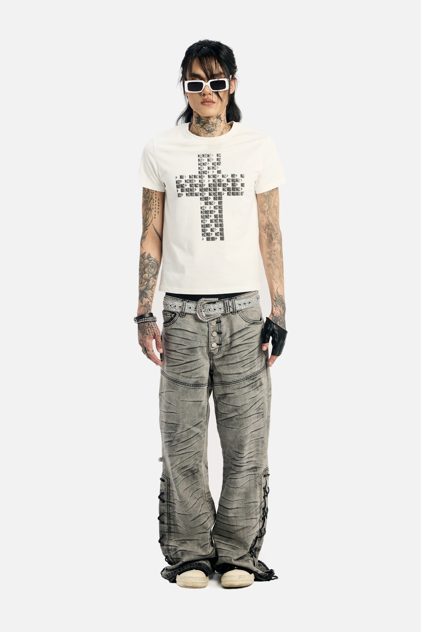 White Pyramid Stud Cropped Tee