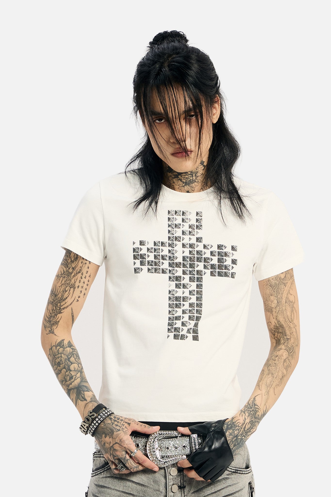 White Pyramid Stud Cropped Tee