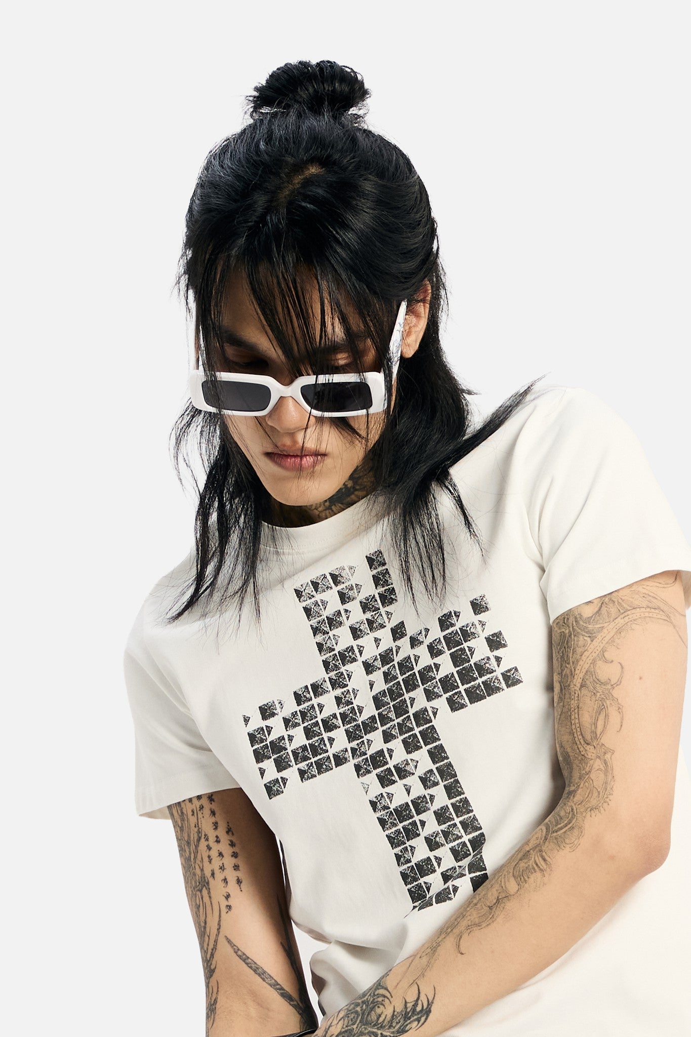 White Pyramid Stud Cropped Tee