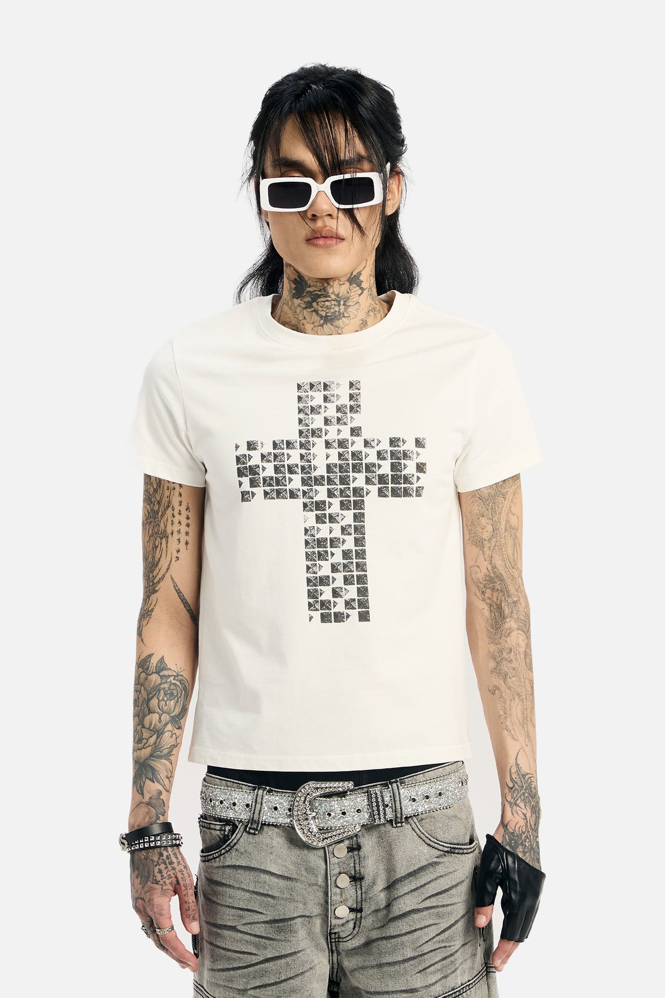 White Pyramid Stud Cropped Tee