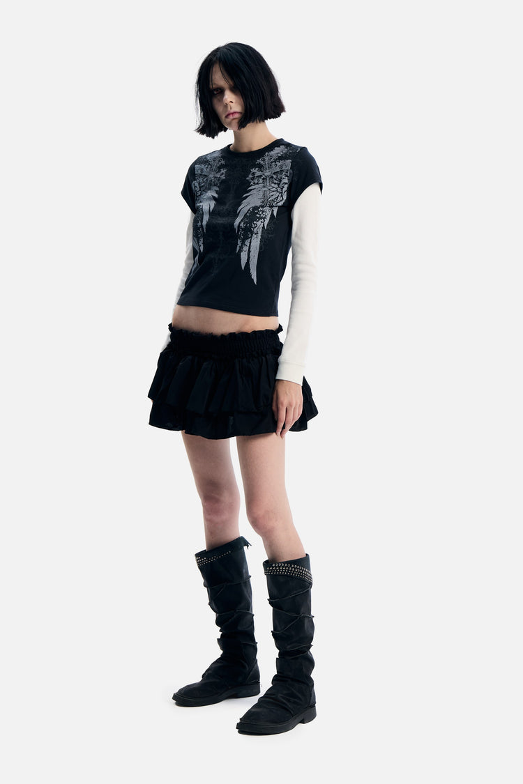 Three-quarter view of the cropped Wings 2fer Womens Long Sleeve