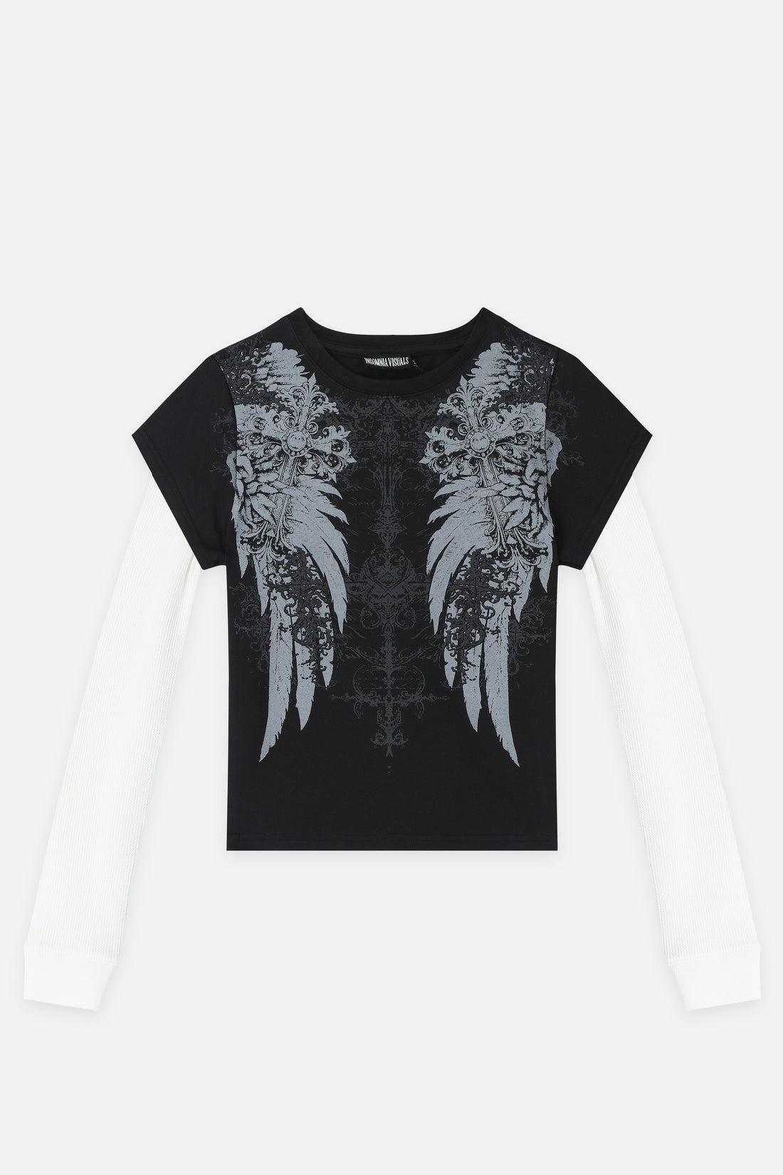 Wings 2fer Womens Long Sleeve laid flat, front view with angel wings print and white sleeves