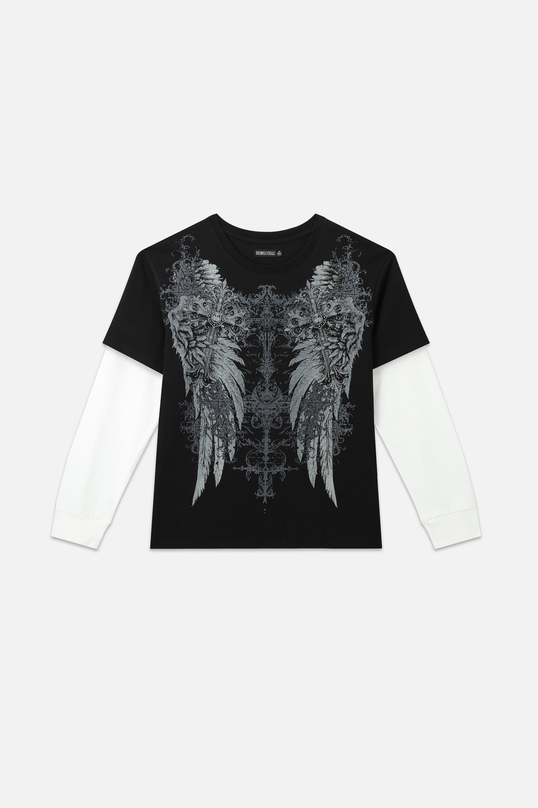 Front of the black Wings 2Fer laid flat, with grey wing print and white layered sleeves